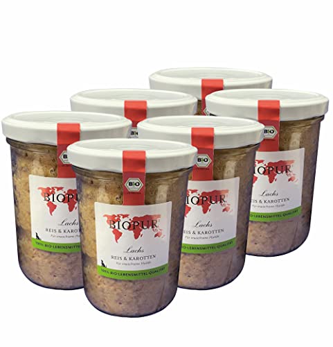 BIOPUR Hundenassfutter Lachs Reis Karotten 6x370g in 100% Bio-Lebensmittelqualität - ausgewogenen Zusammensetzung - aus hochwertigen Rohstoffen