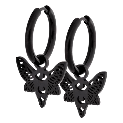 Wildcat Little Moth Hoops - wasserfeste schwarze Gothic Creolen aus langlebigen Edelstahl mit Motten Motiv für Männer und Frauen - Hautverträgliche Ohrringe