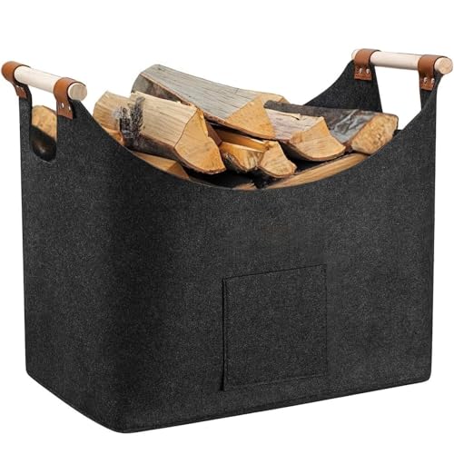 Kaminholzkorb Filzkorb für Kaminholz Feuerholzkorb Faltbarer mit Verstärktem Holzgriff Holzkorb für Kaminholz Kaminholztasche für Einkauf Holz Zeitung Oder Brennholz 45x32x40cm Dunkelgrau