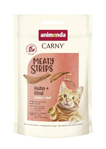 animonda Carny Adult Meat Strips Huhn Rind 10 x 50g Softer Premium Katzensnack für Erwachsene Katzen mit viel frischem Fleisch und Fisch