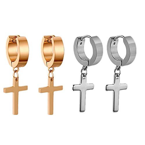 Flongo Herren Ohrstecker Creolen Damen Ohrringe Edelstahl Ohrstecker Ohrringe Silber Rose Gold Stecker Runden Kreuz Anhänger Jahrgang Männer Frauen