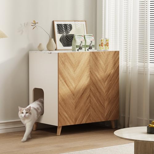 DAWNYIELD Katzentoilette aus Holz versteckte Katzentoilette Möbel mit zwei Eingängen und Belüftungslöchern Fischgrätenmuster Katzenhaus Katzenklo Schrank Weiß