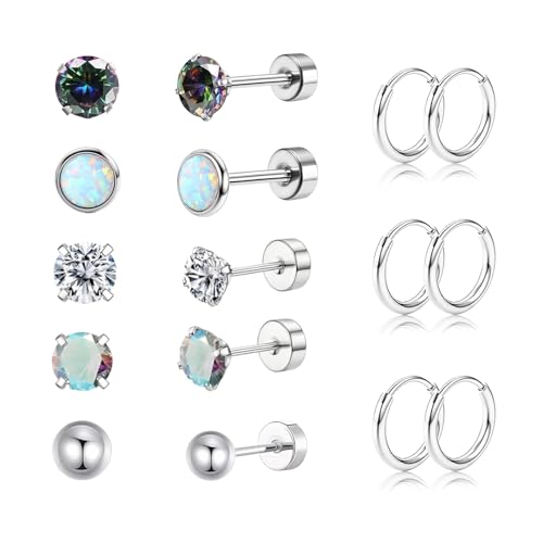 8 Paare Titan Ohrringe Damen Ohrstecker Silber Gesundheitsstecker Ohrringe mit Schraubverschluss für Damen Mädchen und Kinder Helix Kleine Creolen für Mehrere Piercings