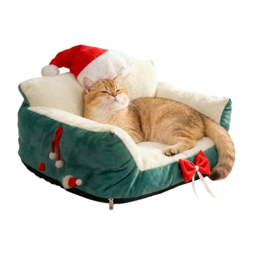 Katzen-Sofa Weihnachtsliege mit Weihnachtsmannmütze stützendes Haustier-Sofa für Zuhause Wohnzimmer Schlafzimmer Veranda Terrasse Balkon Spielbereich Wohnung Nachtschlaf tägliche Erholung