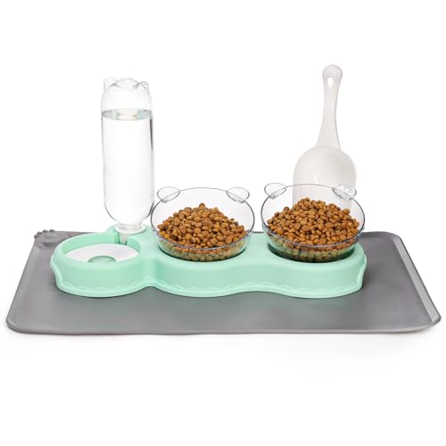 WRINGKIT Katzenfutter Wassernapf Dreifach Katzennäpfe mit Matte und Schaufel 15 geneigte erhöhte Katzennapf Schalen mit automatischer Wasserflasche Haustier-Futternäpfe für Katze kleine Hunde