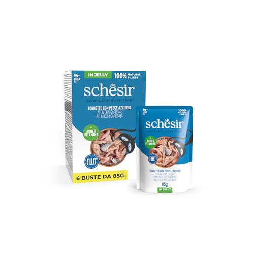 Schesir Thunfisch mit blauem Fisch in Gelee komplettes Nassfutter für Katzen im Beutel mit zusätzlichen Vitaminen 100% natürlich 6 x 85 g