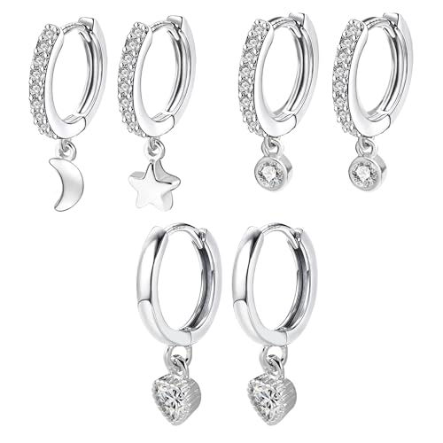 ALEXCRAFT Silber 925 Creolen Ohrringe mit Anhänger 3 Paar Silber 925 Ohrringe Hängende Stern Mond Anhänger Kleine Creolen mit Stein Zirkonia Glitzer Tropfenohrringe Silber Ohrringe Set Frauen Damen
