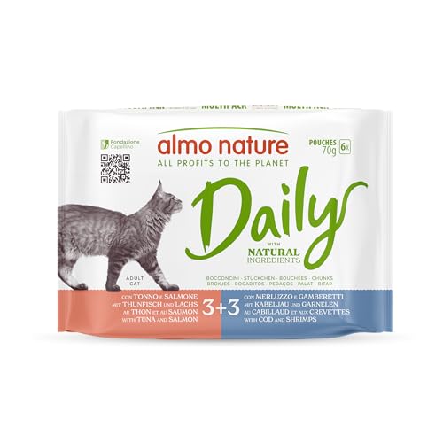 almo nature Daily Komplettes Nassfutter für Erwachsene Katzen - mit Thunfisch und Lachs - mit Kabeljau und Garnelen - Leckerbissen - 6 Beutel 70 g