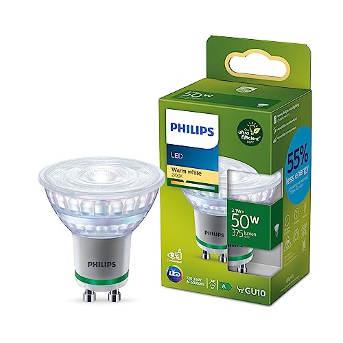 Philips LED Classic ultraeffiziente GU10 Lampe mit Energieeffizienzklasse A ersetzt 50W warmweiß