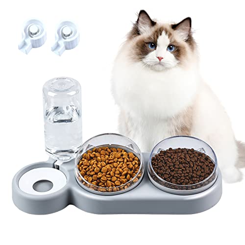Katzennapf Futternapf Katze Fressnapf Katze 3 in 1 Katzen Napfset rutschfeste Katzennapf Erhöht mit Automatischem Wasserspender für Kleine und Mittelgroße Hunde und Katzen grau