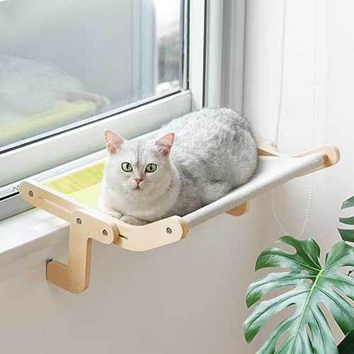 MEWOOFUN Katzen Hängematte heizung Fensterplätze für Katzen Fensterbankliege Katzenhängebett Fenster Platzsparendes Design bis zu 18kg Yellow Grey