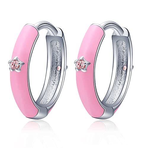 Rosa Silber Emaille Bunt Ohrringe Damen 925 - Qings Mini Klein Creolen Huggie Hoops für Mädchen