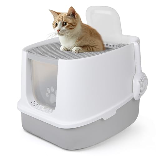 CALIYO Katzenklo mit Deckel - Anti-Geruch Katzenklo Geschlossen mit Hoher Rand Katzentoilette mit Sieb Matte für Große Katzen bis 7.5kg Cat Litter Box Grau-Weiß 51 45 40 cm