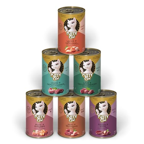 KITTY Cat Pat Mix 2 6 x 400 g Nassfutter für Katzen im Probierpaket getreidefreies Katzenfutter mit Taurin Lachsöl und Grünlippmuschel Alleinfuttermittel mit hohem Fleischanteil Made in Germany