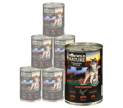 Dehner Wild Nature Hundefutter Hochmoor Nassfutter getreidefrei zuckerfrei für ausgewachsene Hunde Ente 6 x 400 g Dose 2.4 kg