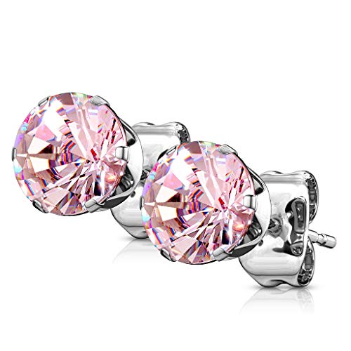 Bungsa PK Pink Silberne Ohrstecker mit Zirkonia Kristall Stein rund Edelstahl 1 Paar für Damen Ohrstecker Ohrringe Ohrhänger Creolen Ohrschmuck Ohrklemmen Damen Frauen Herren Mode