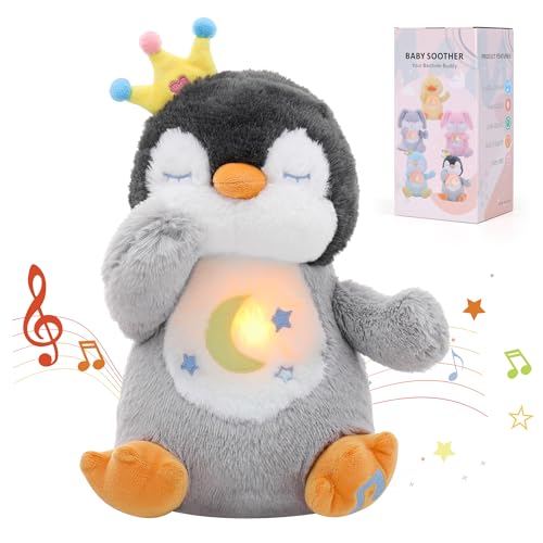 Edencomer Schlummer Kuscheltier   Schlummer Pinguin Simuliertem Atem Musik und Nachtlicht Kuscheltier Atembewegung Begleiten Sie Kinder Zum Schlafen Grau