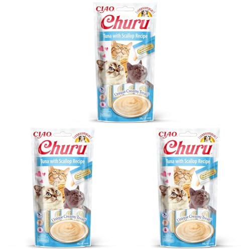 INABA CIAO Churu Sticks - Katzen Leckerlie zum Füttern aus der Hand - Köstliche leckbare Katzensnacks - Thunfisch und Jakobsmuscheln 1x56g Packung mit 3