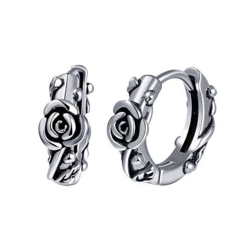 Yumilok Vintage Rosen Blumen Ohrringe für Frauen und Männer - Mini Rose Ohrstecker Edelstahl Creolen Huggie Knorpel Ohrringe - Silber 10mm 2.5mm 3g