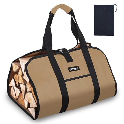 Goture Kaminholzträger Holzkorb Brennholztasche Tragetasche 97x47cm Doppel-D-Ring Verschluss 2 Seitentaschen Robuster Filzkorb mit verstärkten Griffen für Ofenholz Lagerfeuer Campingzubehör