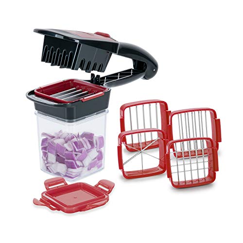 Genius A27165 Nicer Dicer Quick XXL Set 7tlg-Der Zerkleinerer mit 3 austauschbaren Messereinsätzen und Auffangbehälter 320 ml im Handformat 30 Würfel oder 10 Scheiben mit einem klick Edelstahl Rot