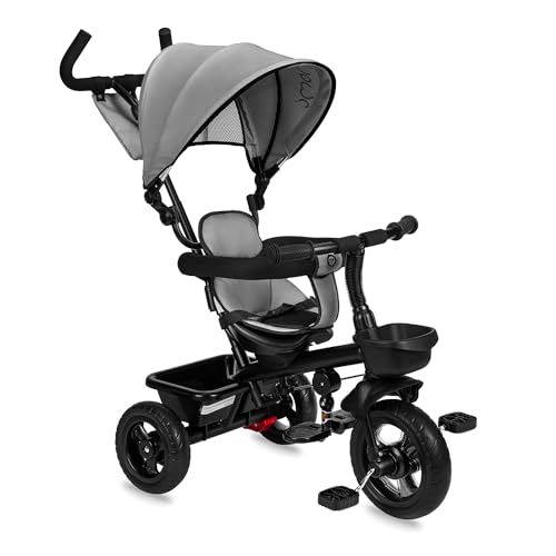MoMi TELDE 5-in-1 Kinderdreirad Tricycle mit 360 -Sitz mit 3-Punkt-Sicherheitsgurt Fußstütze Sonnendach PU-Räder Schiebegriff Transportablage für Spielzeug