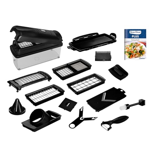 Genius Nicer Dicer Plus Gemüseschneider 17-tlg Jubiläums-Edition Gemüsehobel Reibe mit 1.5L Auffangbehälter mit Deckel Spiralschneider Zwiebelschneider Würfel Stifte Scheiben Rezeptheft