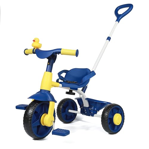KRIDDO 2 in 1 Laufräder Laufrad Kinderdreirad 18 Monate bis 3 Jahr verbesserten Eva Rädern für als Geschenk Dreiräder Schiebestange Enten Klingel Blau