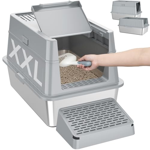 Lifewit Katzenklo Edelstahl mit Deckel Katzenklo Groß Katzentoilette XXL Katzenklo Geschlossen für Große Katzen Front-Eingang-Ausgang Katzentoiletten-Metallstreu-Box mit Schaufel Pedal Grau