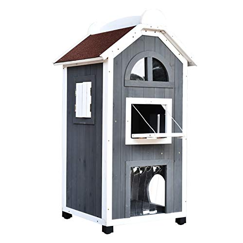 PawHut Katzenhaus für Katzenbett oder Katzentoilette Katzenschrank Katzenklo Indoor Tannenholz Asphaltdach Grau 59 x 55 x 109 cm
