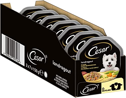 Cesar Nassfutter Empfehlung des Chefkochs leicht gegrillten Huhn Stückchen Naturreis Gemüse in Sauce 14 Schalen 14x 150g