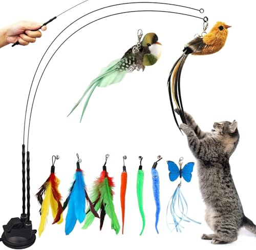 12 Stück Katzen Spielzeug Katzenspielzeug Selbstbeschäftigung Interaktives Katzenspielzeug mit 2 Katzenangelstangen Super Sucker 9-teiliger Abnehmbarer Vogelfederwurm Schmetterling mit Glocke