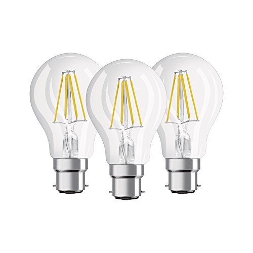 Osram LED Base Classic A Lampe in Kolbenform mit B22d-Sockel nicht dimmbar Ersetzt 60 Watt Filamentstil Klar Warmweiß - 2700 Kelvin 3er-Pack