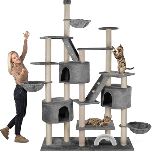 HAPPYPET Kratzbaum deckenhoch bis 260 cm Kletterbaum Simba - Extra breit Häuser Treppen Liegemulden großer XXL Katzenbaum Stabil für Katzen mit 9 cm Säulen viel Zubehör Grau