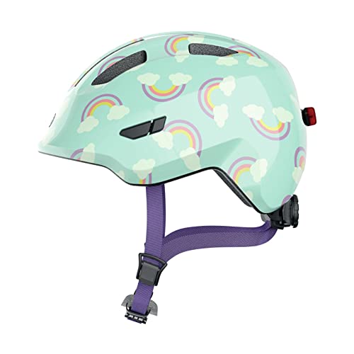 ABUS Kinderhelm Smiley 3.0 LED - Fahrradhelm mit Licht - tiefe Passform Platz für einen Zopf - für Mädchen und Jungs - Hellblau mit Regenbogen-Muster Größe M