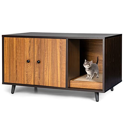 COSTWAY 2 in 1 Beistelltisch und Katzenschrank mit Kratzbrett Katzenklo Kaffeetisch Katzenhaus Katzenhöhle Katzentoilette Holz 90x50x50cm Braun