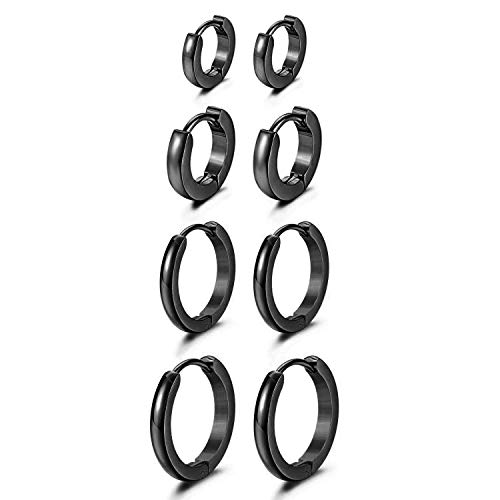 JewelryWe Schmuck 4 Paar Schmale CREOLEN 7mm-14mm Edelstahl Glatte Ohrringe Huggie Ohr ManschetteOhrstecker mit Klapp-Verschluss fÃ¼r Herren Damen Schwarz