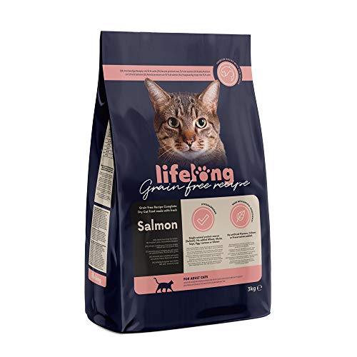 Amazon Marke Lifelong   für ausgewachsene Fein zubereitetes Trockenfutter mit frischem Lachs Getreidefreie Rezeptur 3kg 1er Pack