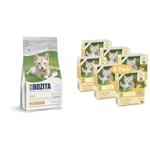 Bozita Kitten Getreidefrei Probierset mit 400g Trockenfutter 6x370g Nassfutter im Tetra für Kitten säugende Muttertiere unterstützt Wachstum Gesundheit - Trockenfutter Häppchen in Sauce