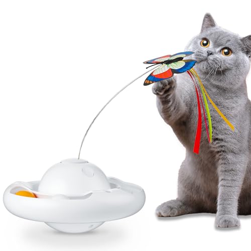 Gmiigu katzenspielzeug selbstbeschäftigung interaktives Elektrischer Intelligenz mit 2 Schmetterling und 2 Kugeln 3-Gang Katzen Spielzeug Tumbler für Erwachsene Katze Kätzchen weiß Ohne Batterie