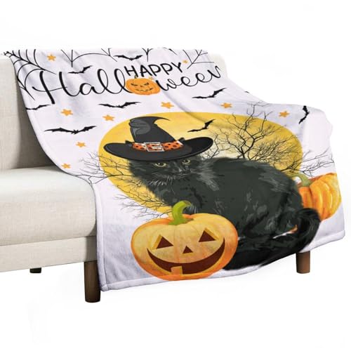 CustonCares Happy Halloween Schwarze Katze Hexenhut Fleece Bettdecken 76 2 x 101 6 cm warm leicht gruselige Fledermäuse Katzenliebhaber Haustier Fleece Überwurf Decke für Haustierbett Sofa Couch Büro