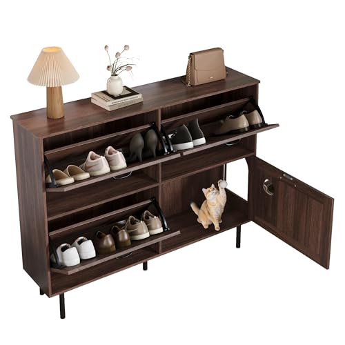  Schuhkipper 3 Klappen Katzenschrank Schmal Schuhaufbewahrung Schuhkommode für Flur Schlafzimmer Wohnzimmer Walnuss 28 92cm