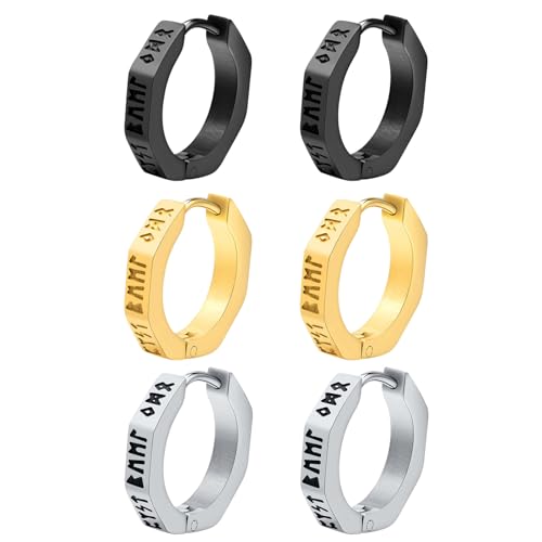 Flongo Herren Wikinger Creolen Ohrringe schwarz silber gold Ohrstecker Edelstahl Norwegische Viking Runen punk Amulett Geometrische earrings Schmuck Geschenk für Männer Damen Frauen