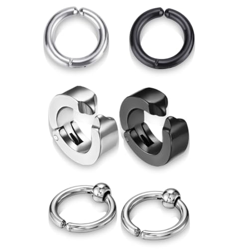 COYUN 3 Paar gefälschte Creolen ohne durchbohrte Nase Lippe gefälschte Ohrringe Edelstahl magnetische Fake Ohrringe Ohrringe Magnetohrringe ohne durchbohrte Männer Frauen Ohrclips Schwarz Silber