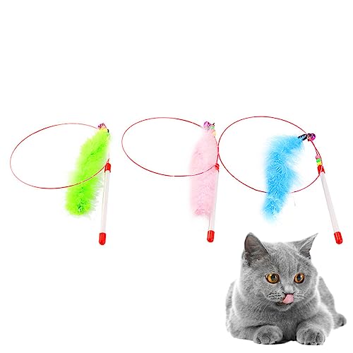 Kisangel 3stücke Federwedel für Katzen Stahldraht mit Kunststoffgriff Flirtstab für Katzen Interaktives Katzenspielzeug Katzenbedarf Gemischte Farben Langes Feder-Spielzeug für Hause