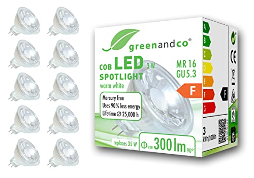 greenandco 10x MR16 GU5.3 LED Spot 3W 300 lm 38 2700K warmweiß COB LED 12V AC DC nicht dimmbar 2 Jahre Garantie