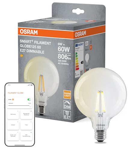 Osram SMART LED-Lampe Globe E27 Filament klar 2700 K warmweiß dimmbar App- und Sprachsteuerung kompatibel mit Alexa und Google