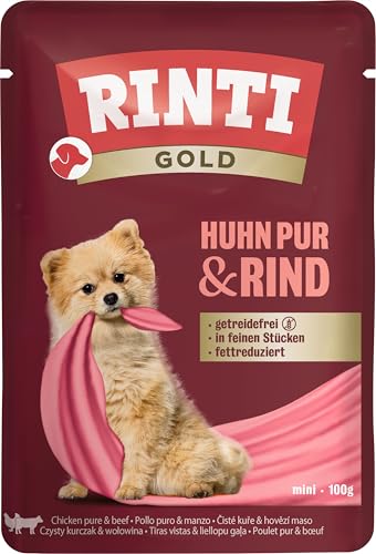 RINTI - Gold Leicht verdauliches Nassfutter für kleine ausgewachsene Hunde. Alleinfutter im Frischebeutel ohne Formfleisch Soja oder künstliche Zusätze 10x100g Huhn Pur Rind