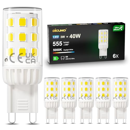 DiCUNO G9 LED Kaltweiß 3W 555lm 5000K Energieeffizienzklasse B LED Leuchtmittel Ersetzt 40W Halogen Label-B G9 Lampe Kein Flackern Nicht Dimmbar Enegiesparende kleine Birne 6er Pack