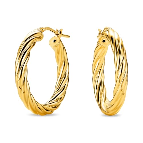 MIORE Schmuck Handgefertigt in Italien Ohrringe Silber 925 Creolen Silber 925 gedrehte Kreolen 20 mm Durchmesser Ohrringe Vergoldet 18K Gold Runde Hoops Ohrringe Damen Ohrschmuck